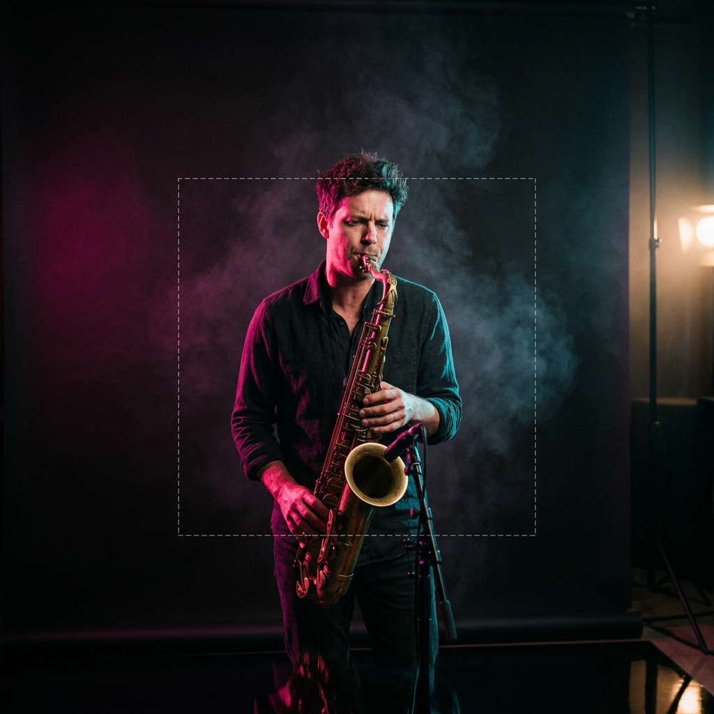Editorial portrait of a musician playing saxophone under magenta and cyan stage gels, with a faint white dashed outline showing the original crop before AI outpainting extended the canvas around the figure