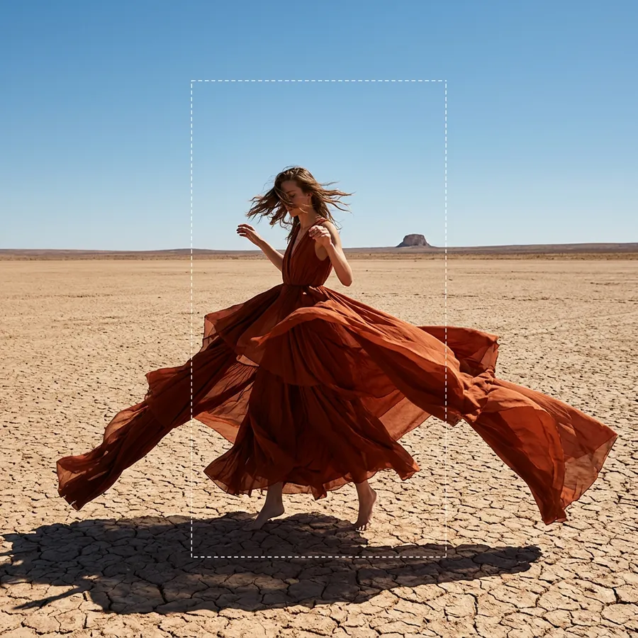 Fashion editorial photograph of a model mid-twirl in a flowing ochre couture gown on cracked desert earth, with a faint white dashed outline showing the original portrait crop before AI outpainting extended the scene outward