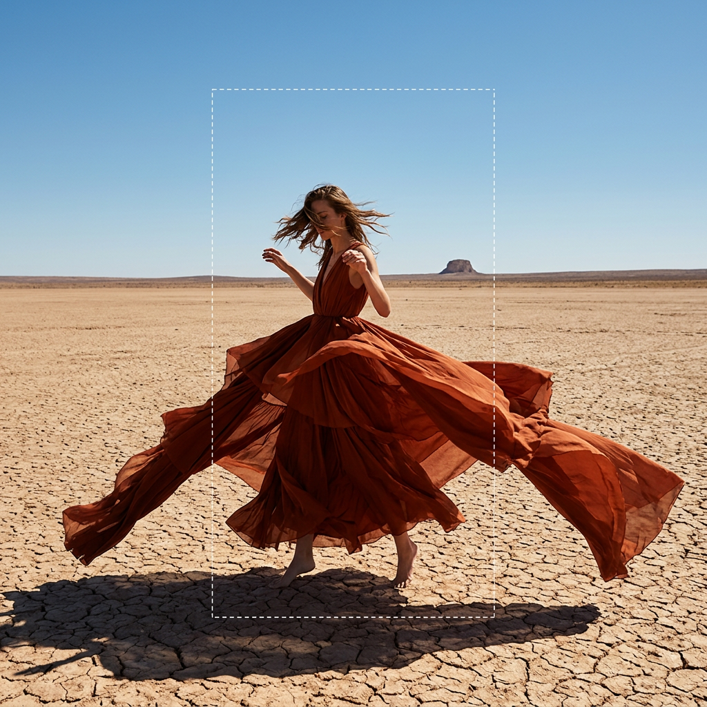Fashion editorial photograph of a model mid-twirl in a flowing ochre couture gown on cracked desert earth, with a faint white dashed outline showing the original portrait crop before AI outpainting extended the scene outward