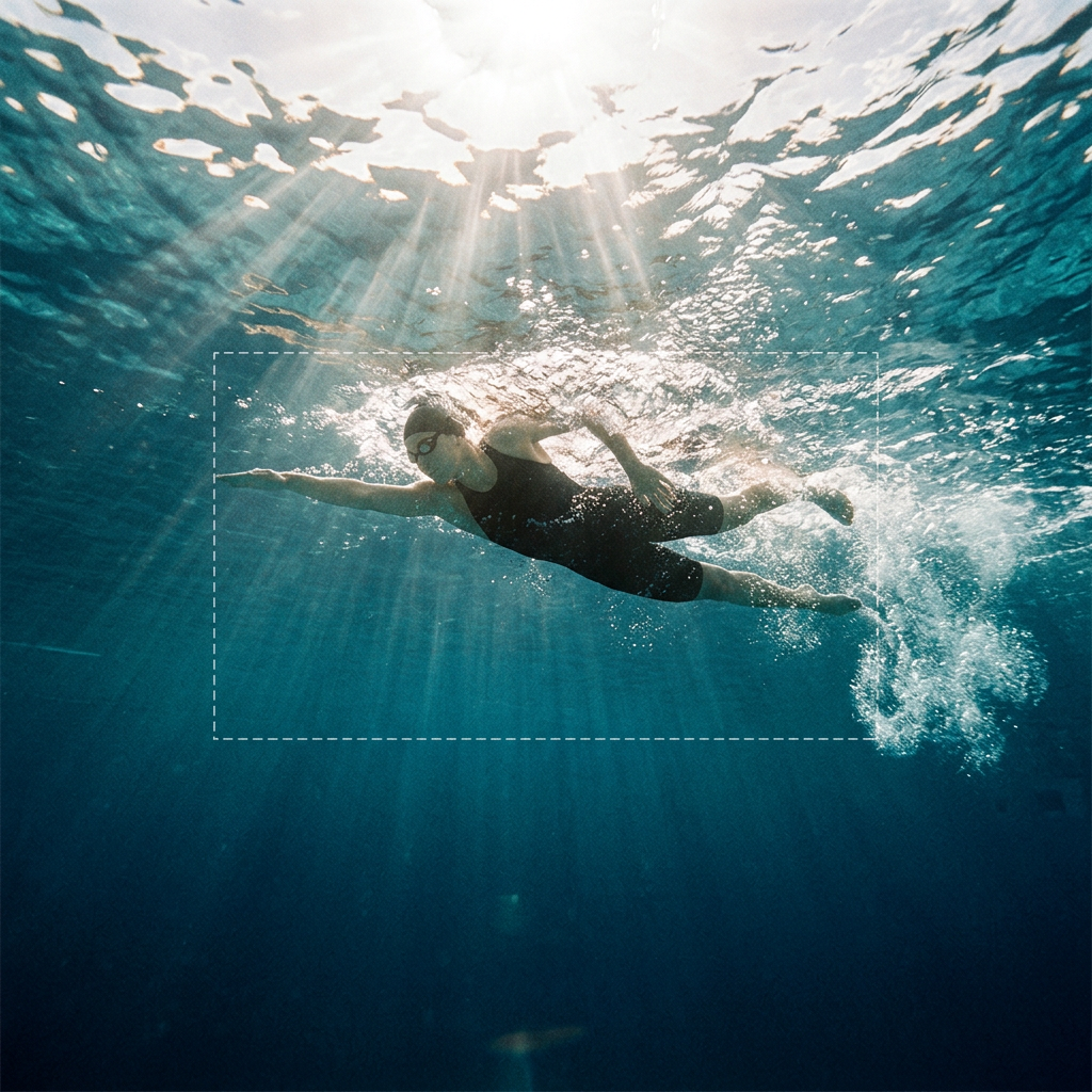 Underwater photograph of a swimmer mid-front-crawl seen from below with god-rays of sunlight piercing the surface and a bubble trail, with a faint white dashed outline showing the original landscape crop before AI outpainting extended the depth above and below