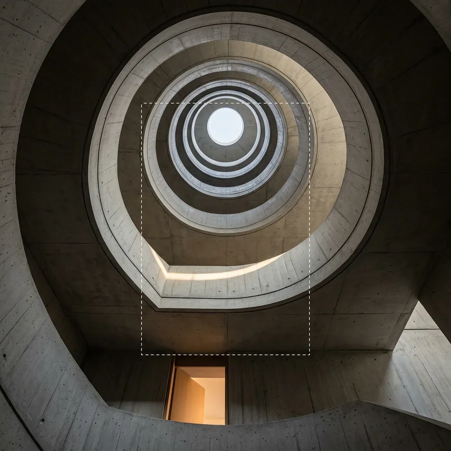 Worm's-eye-view architectural photograph of a brutalist concrete spiral staircase receding upward toward a bright circle of sky, with a faint white dashed outline showing the original portrait crop before AI outpainting extended the concrete walls outward