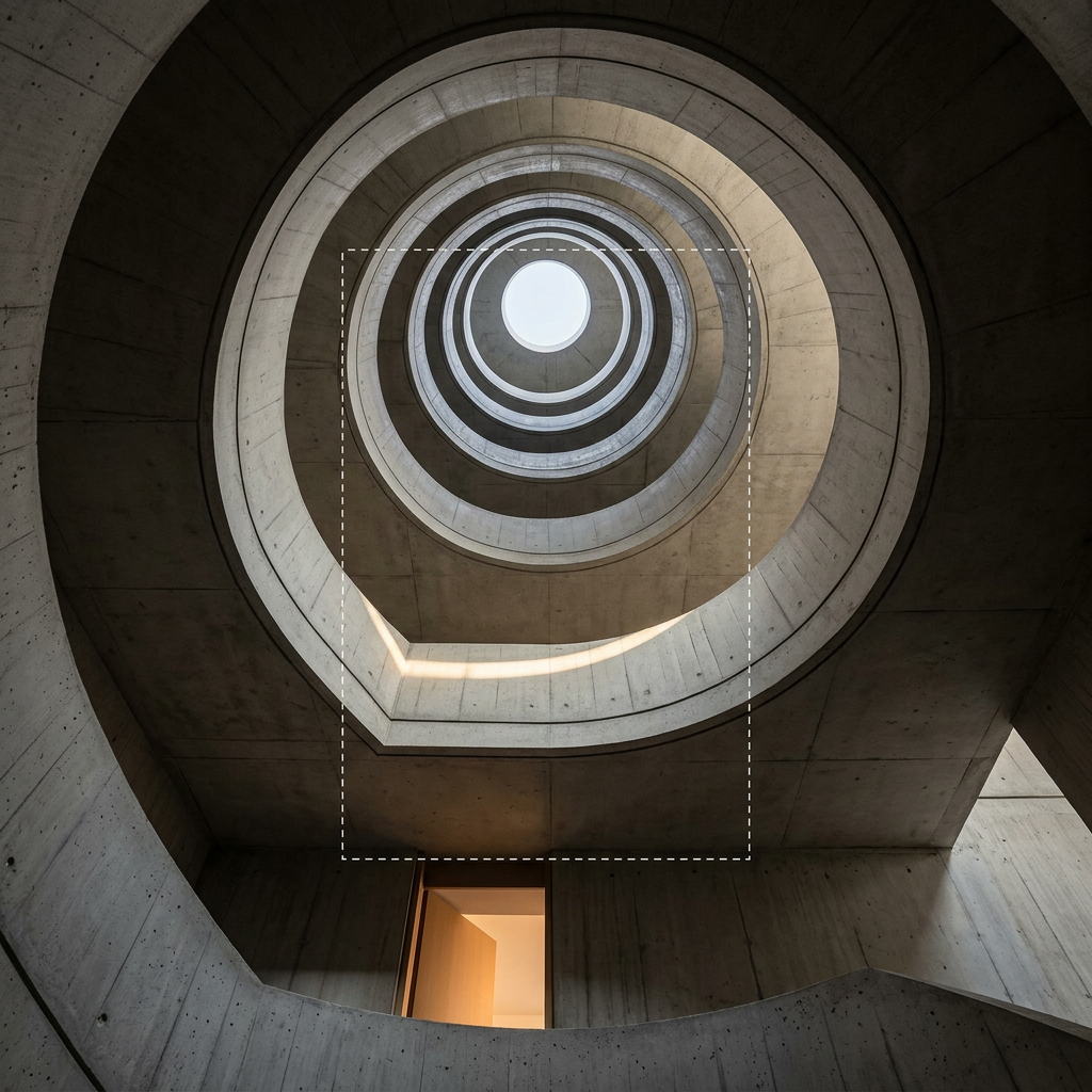 Worm's-eye-view architectural photograph of a brutalist concrete spiral staircase receding upward toward a bright circle of sky, with a faint white dashed outline showing the original portrait crop before AI outpainting extended the concrete walls outward