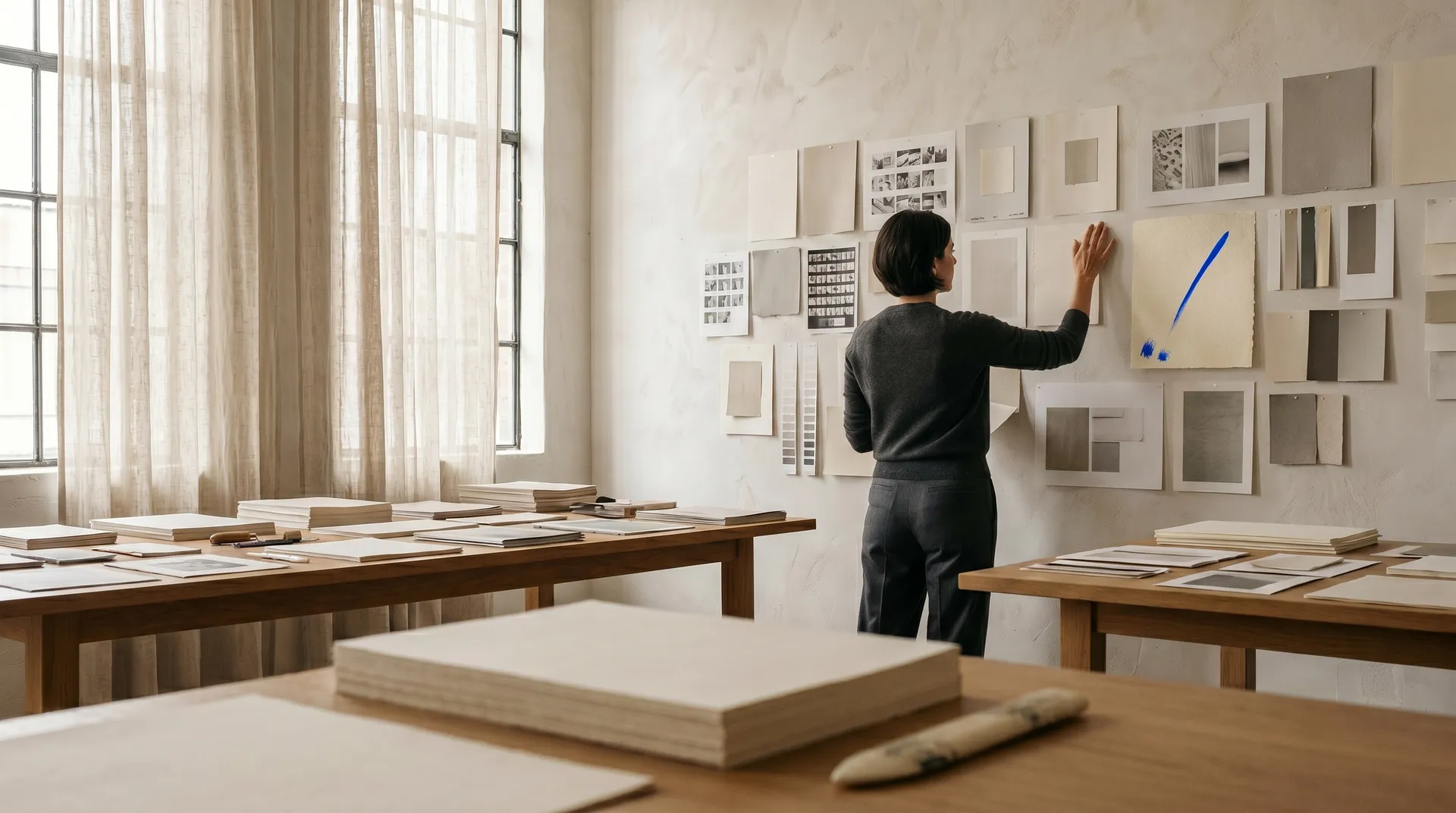 pinning the campaign key visual among neutral proofs in a print studio