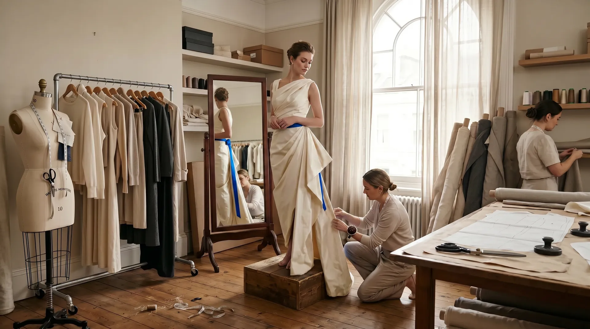 fitting a cream silk gown with a blue sash in a working atelier