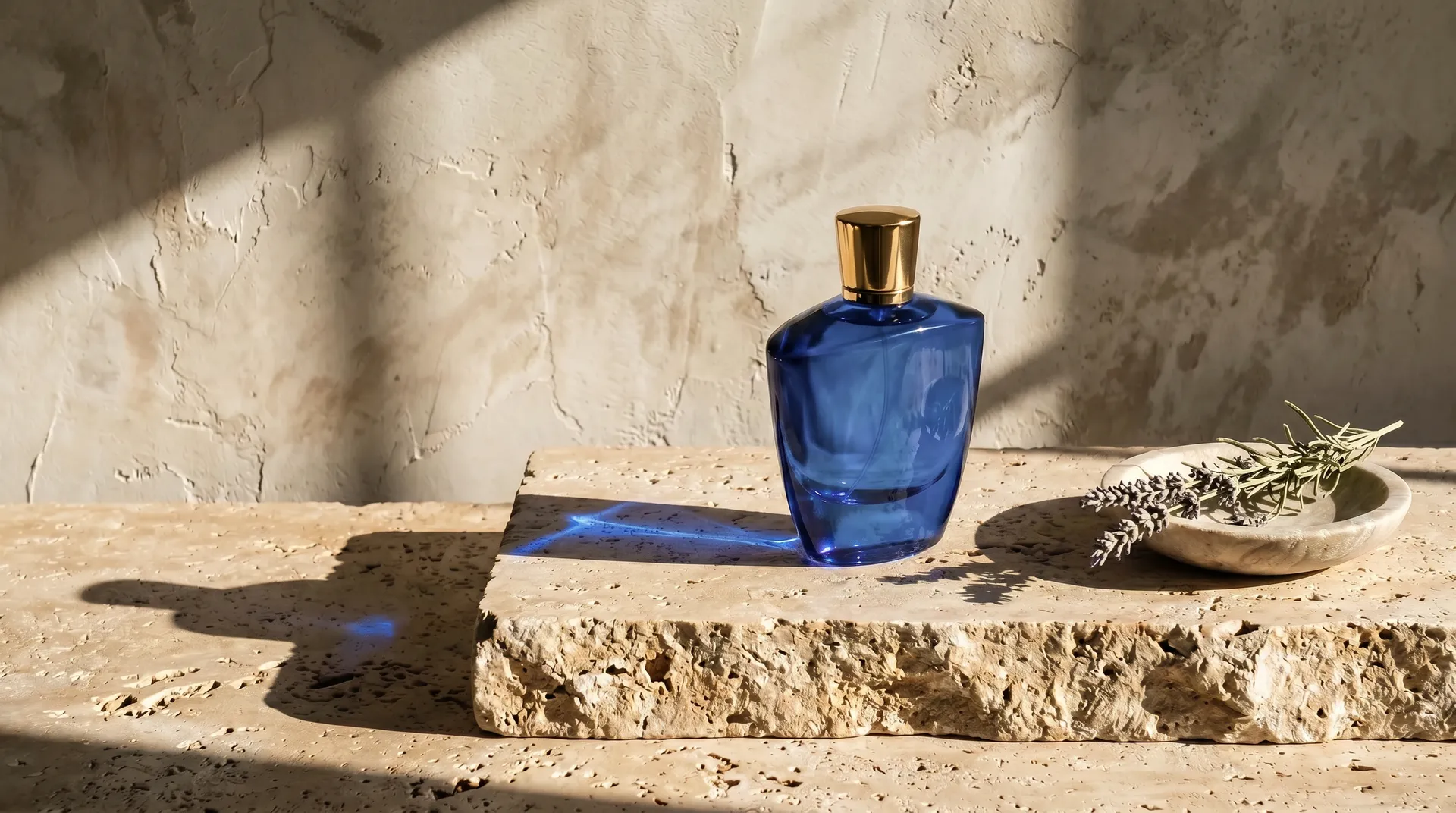muted blue fragrance bottle on travertine in hard sunlight