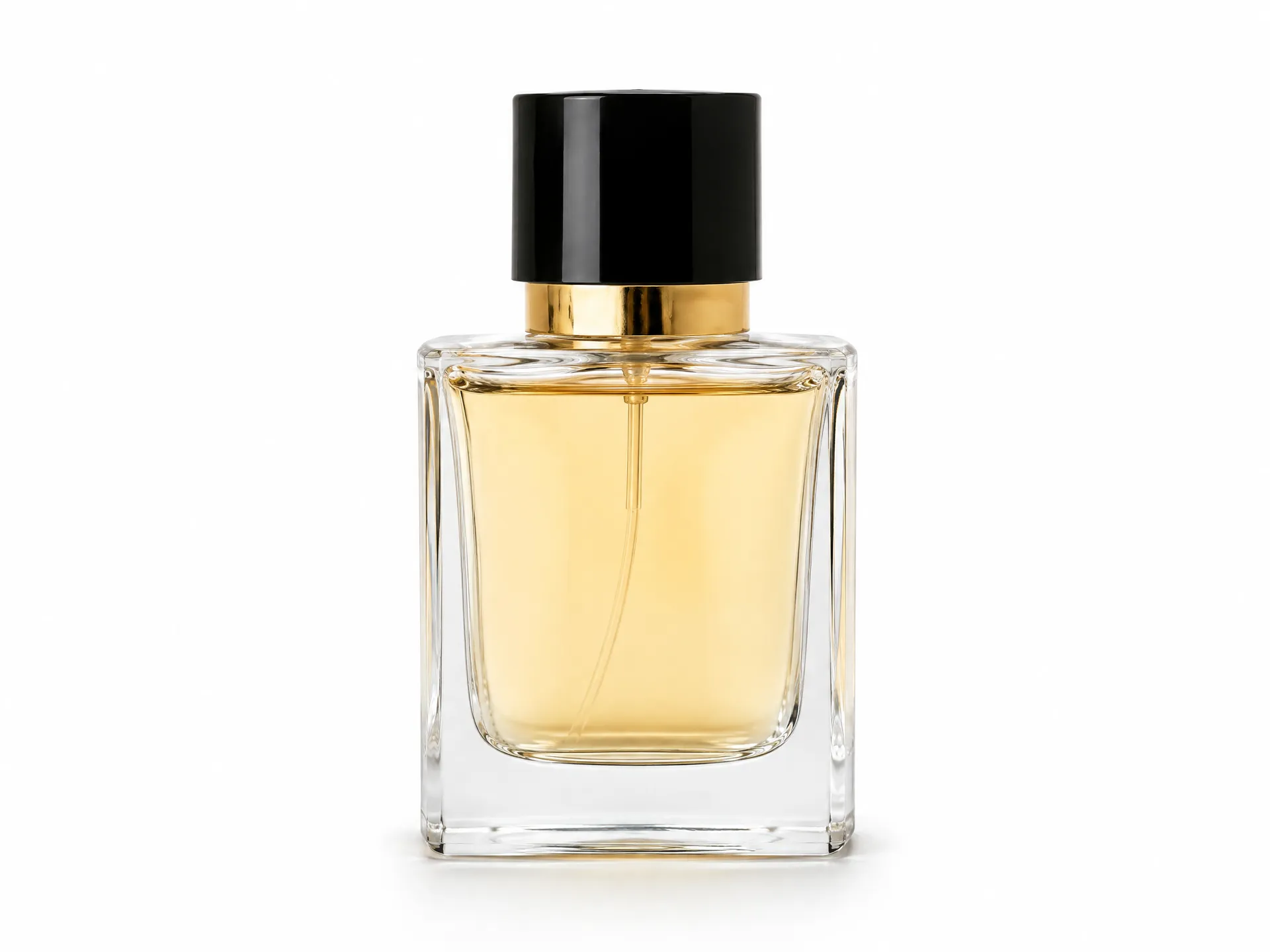 Glass perfume bottle packshot on white studio surface