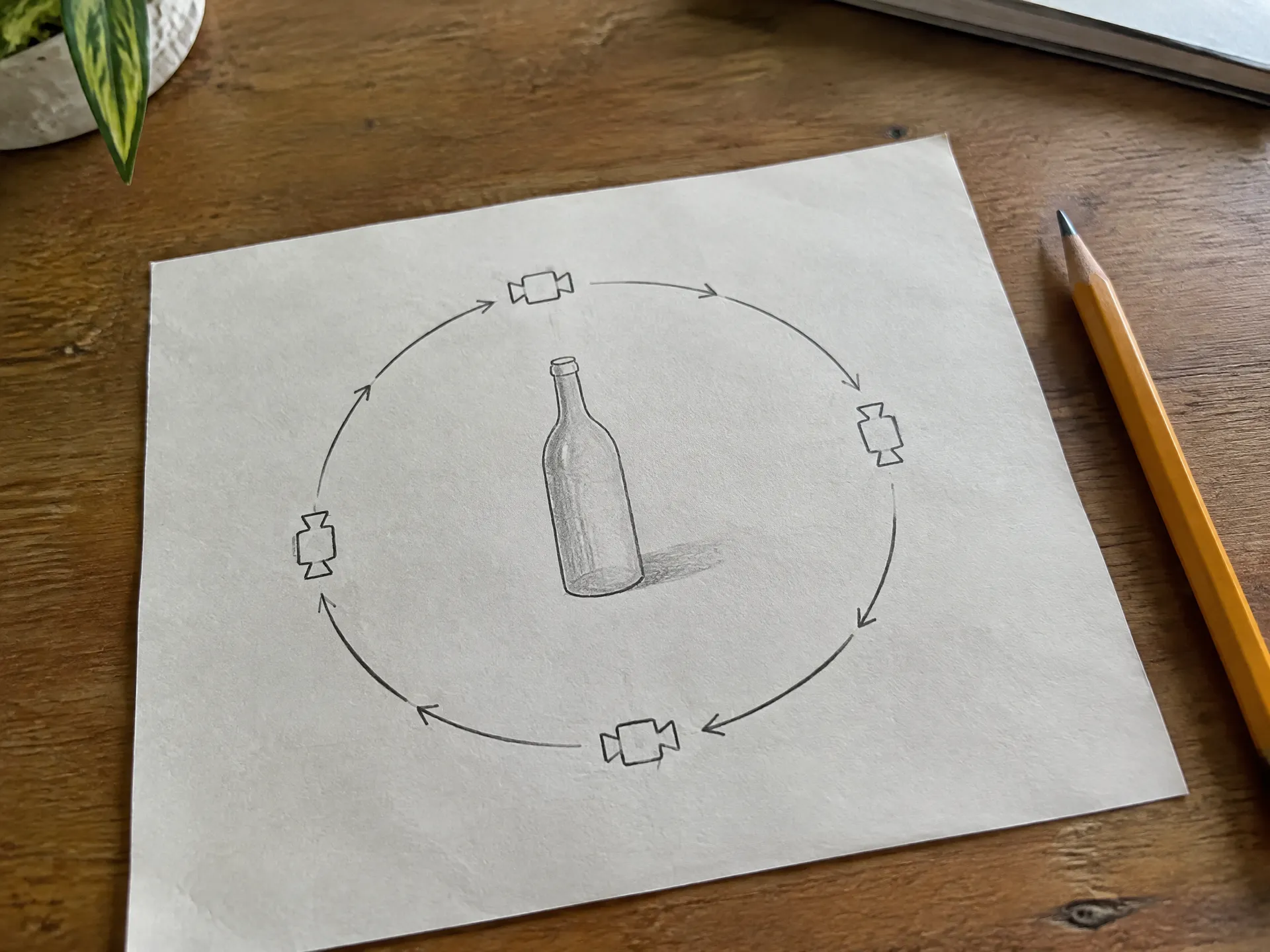 Hand-drawn diagram of a circular camera path around a sketched bottle