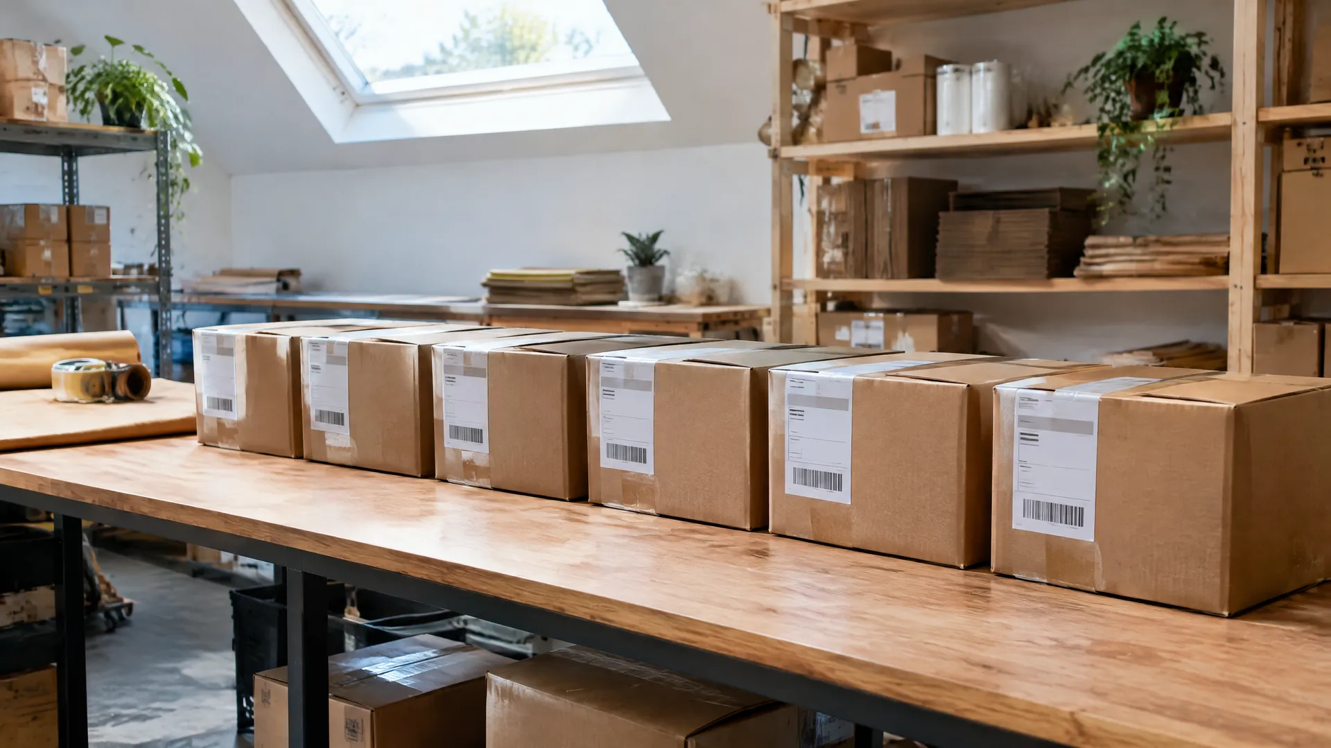 Warehouse packing table with identical labeled boxes ready to ship