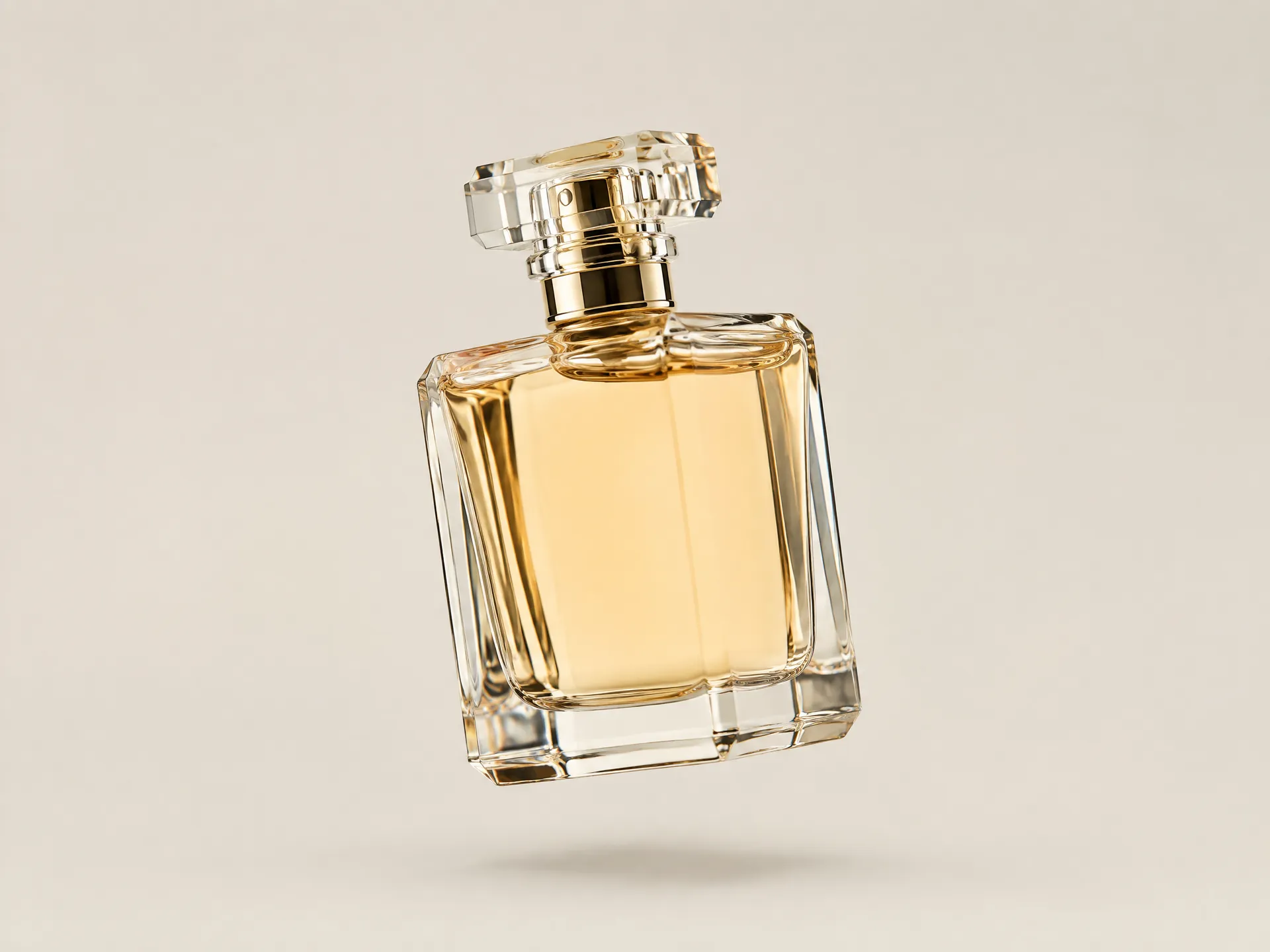 Perfume bottle viewed from a three-quarter angle with soft shadow