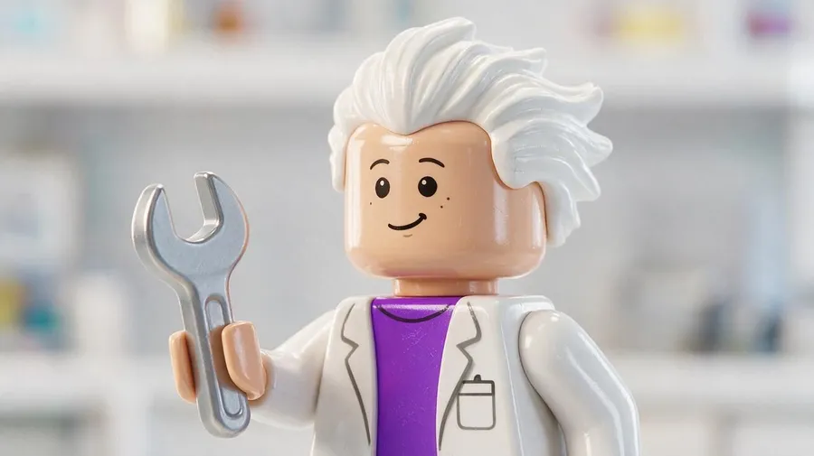 LEGO-style minifigure avatar of a white-haired scientist in a lab coat holding a wrench, generated on getimg.ai