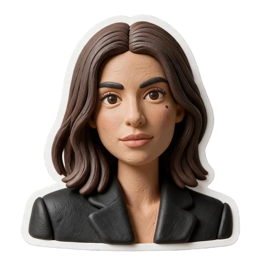 The woman from the reference photo redrawn as a die-cut AI sticker in a matte 3D clay style, generated by the Sticker maker on getimg.ai.