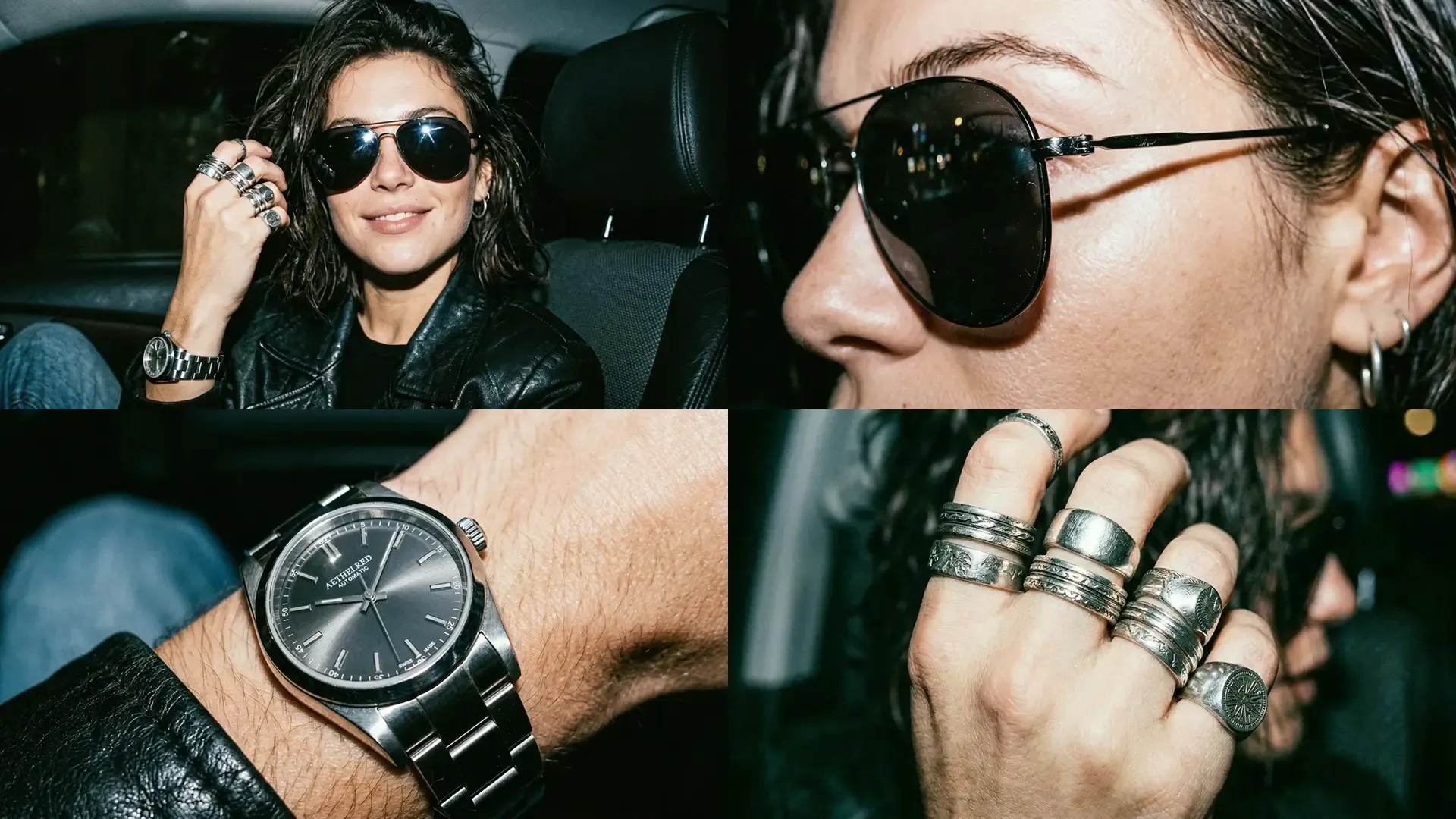 Four-frame grid of night-time flash photography showing a woman in a leather jacket and aviator sunglasses in a car, with close-ups of her face, a steel watch and stacked silver rings, social series created with getimg.ai