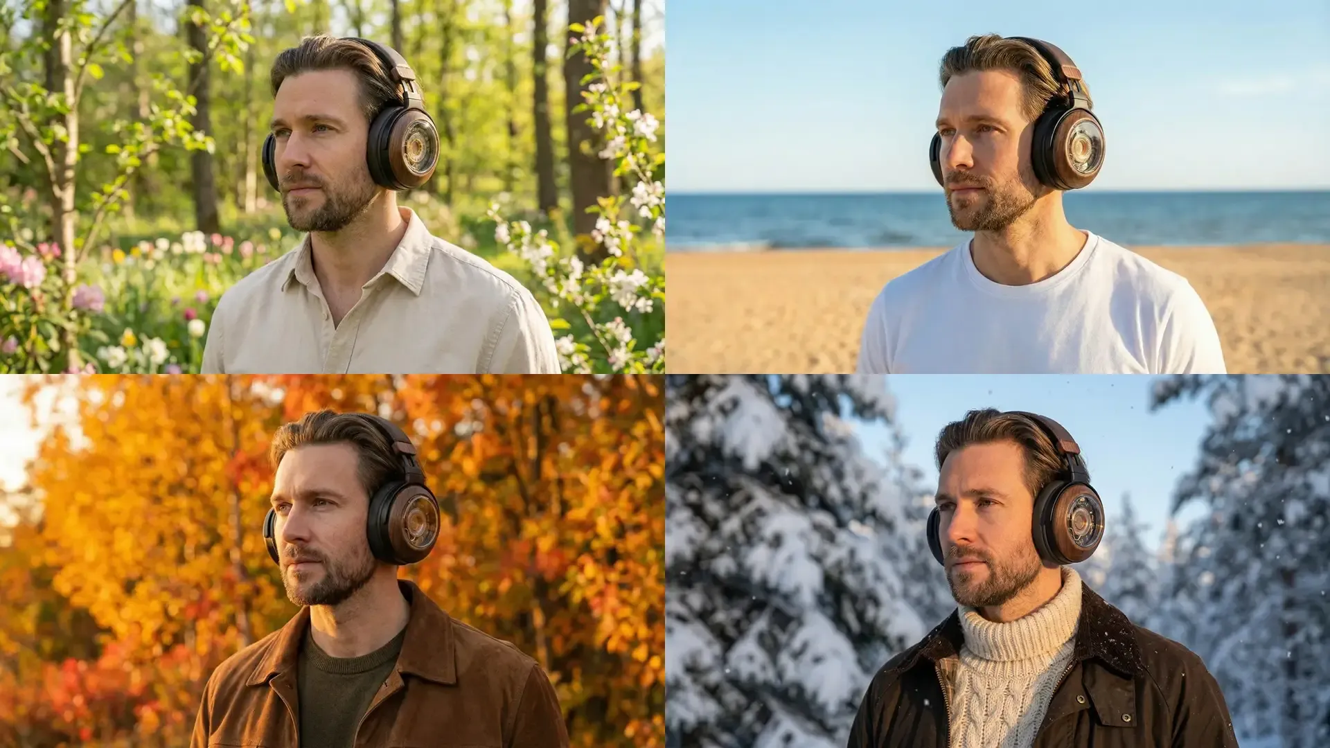 Four-panel grid of the same bearded man wearing headphones across spring, summer, autumn and winter outdoor settings, made with image-to-image AI from getimg.ai.