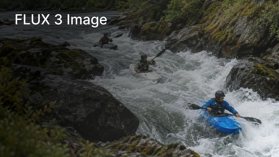 A dynamic editorial photograph of three kayakers navigating fast-moving river rapids, captured from a slightly elevated angle as they follow the natural flow of the river around large dark rocks. The three kayaks are clearly visible at different points along the same current, creating a strong diagonal progression through the frame rather than sitting side by side.  Two kayaks are neutral graphite and off-white, while the third is vivid cobalt blue and immediately draws the eye. White water curls, splits and reconnects around the rocks, creating strong organic flowing shapes and a natural sense of constant movement. The kayakers lean realistically into the current, with splashes frozen sharply around their paddles and subtle motion in the rushing water.  The river runs through a real rugged landscape with wet stone, moss and vegetation along the banks, photographed in natural overcast daylight with rich texture and depth. Composition weighted toward the center and lower-right, with a calmer stretch of river and landscape toward the upper-left for changelog typography. Photorealistic high-end outdoor editorial photography, energetic but believable, candid rather than staged, no extreme stunt, no dramatic advertising pose, no text, no logos, no artificial effects. Cover photo for a changelog entry about FLUX 3 AI image model being added to getimg.ai. Generated on getimg.ai.
