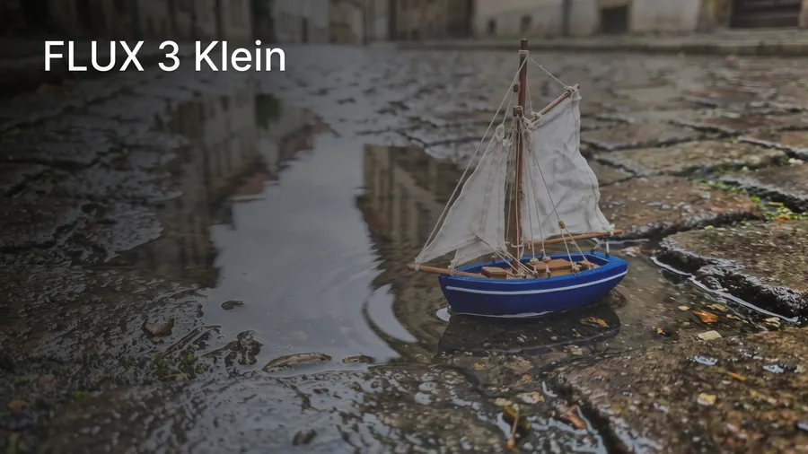 PromptCopy A striking editorial photograph of a beautifully detailed miniature cobalt-blue sailboat floating in a shallow rain puddle on an old cobblestone street. The tiny sailboat has realistic proportions, delicate rigging, a crisp white sail, and a glossy blue hull, small enough to fit in the palm of a hand. Cover for a changelog entry about FLUX 3 Klein being added to getimg.ai. Generated on getimg.ai.