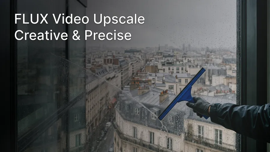 A striking architectural editorial photograph captured from inside a high-rise building, looking toward an enormous floor-to-ceiling window overlooking a dense European city. A professional window cleaner is midway through a single sweeping movement with a squeegee, leaving a broad, perfectly clear section of glass behind the blade while the surrounding pane remains covered in fine rain droplets and a thin veil of condensation.  Cover image for a changelog entry about FLUX 3 Video Upscale models being added to getimg.ai. Generated on getimg.ai.