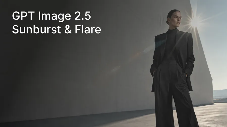 Featured image for a getimg.ai changelog entry about the new GPT Image 2.5 Sunburst and Flare image models, showing a fashion portrait of a woman in a black suit beside a modern concrete building, with a bright sunburst and cinematic lens flare crossing the frame. Large text reads “GPT Image 2.5 Sunburst & Flare.” Generated on getimg.ai