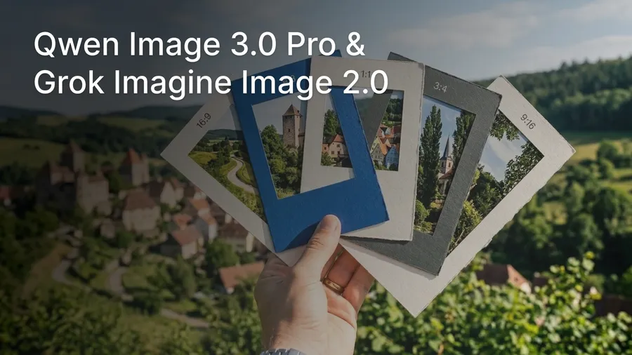 a premium editorial photograph of several physical framing cards held together in one hand, each cut with a different rectangular opening: cinematic wide, landscape, square, portrait, and tall vertical, changelog image for introduction of grok imagine image 2.0 and qwen image 3.0 pro image models, generated on getimg.ai