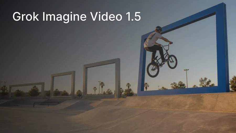 a dynamic editorial photograph of a BMX rider speeding through a real outdoor concrete bike park, captured approaching a sequence of enormous freestanding rectangular metal frames built into the course, image for a changelog entry about grok imagine video 1.5, generated on getimg.ai