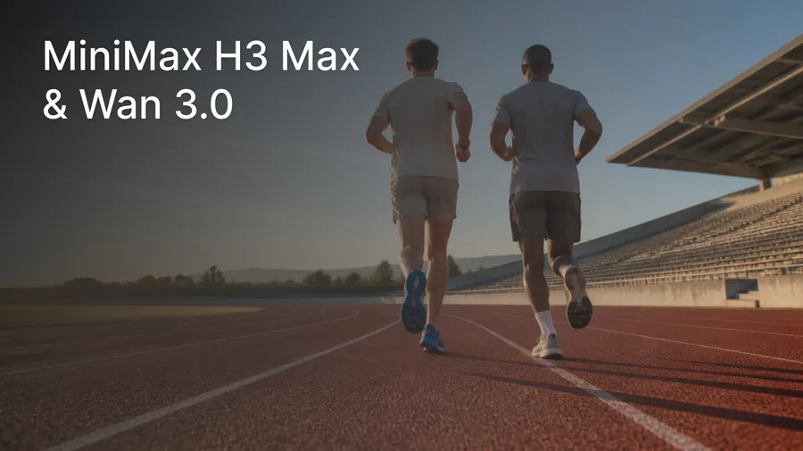 a premium editorial sports photograph of two runners moving side by side on a dramatically long athletics track, photographed from low behind them with the lanes extending deep into the distance, image for a changelog entry about minimax h3 max and wan 3.0 video models, generated on getimg.ai