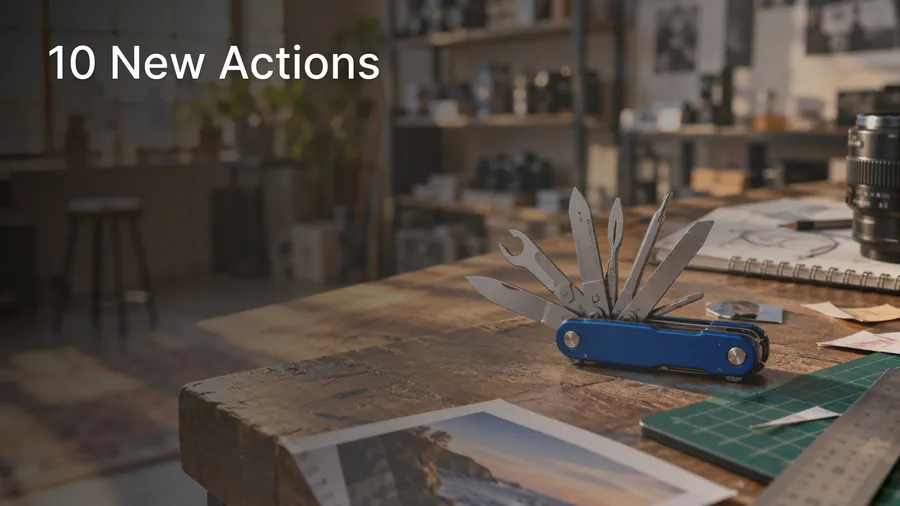 a premium editorial photograph of a compact precision multi-tool opened into a clean fan, with several distinctly shaped attachments suggesting different specialized creative functions, featured image for a changelog entry about new getimg.ai actions, image generated on getimg.ai