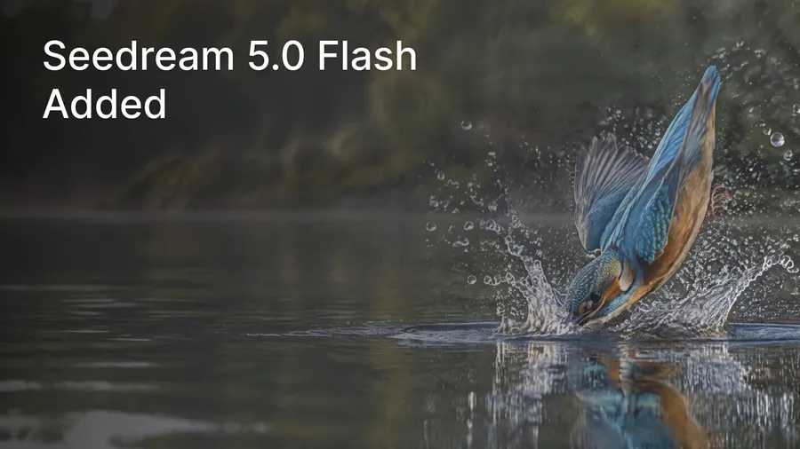 An extraordinary high-speed wildlife photograph of a kingfisher captured at the exact instant it dives beak-first into a still river, its vivid cobalt-blue back and wings sharply visible as it breaks the water's surface. Cover image for a changelog entry about Seedream 5.0 Flash image model being added to getimg.ai. Generated on getimg.ai.