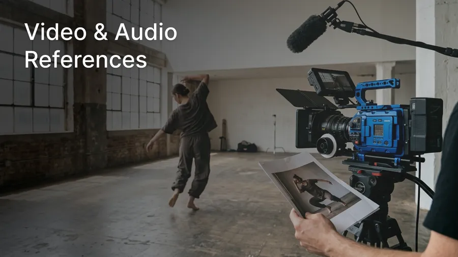 A striking editorial photograph of a compact filmmaking setup during an actual shoot, captured from a slightly elevated three-quarter angle. In the foreground on the right side, a professional cinema camera with a vivid cobalt-blue camera body is pointed toward a dancer performing a dramatic movement in a sunlit industrial rehearsal space. Beside the camera, a professional shotgun microphone on a boom arm extends naturally into the scene, while a hand in the foreground holds a photographic reference print showing the same dancer in a different pose.  Featured image for a changelog entry about video and audio references now being available when creating a video on getimg.ai. Generated with getimg.ai.