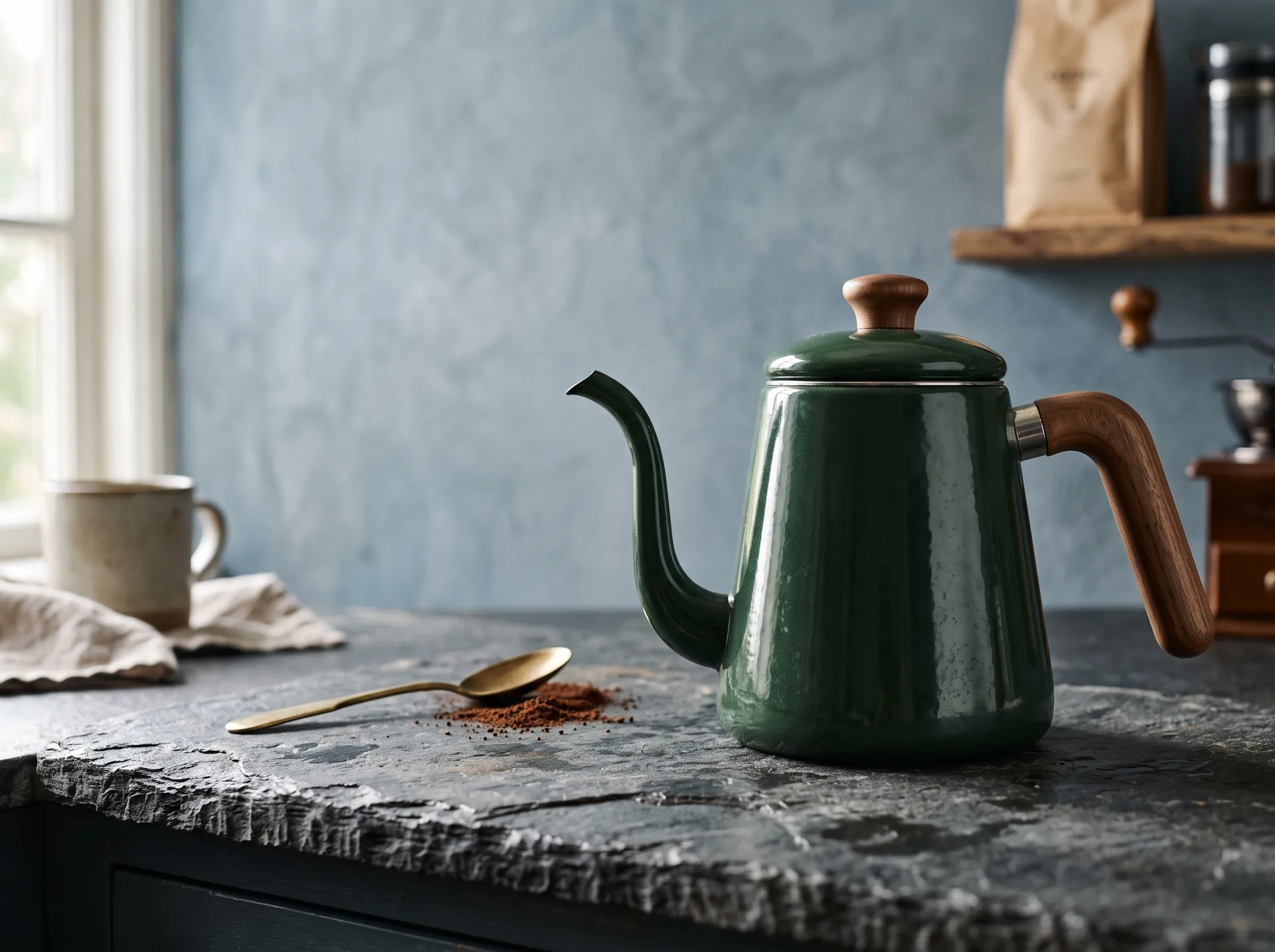 Green enamel kettle on a slate counter in soft window light
