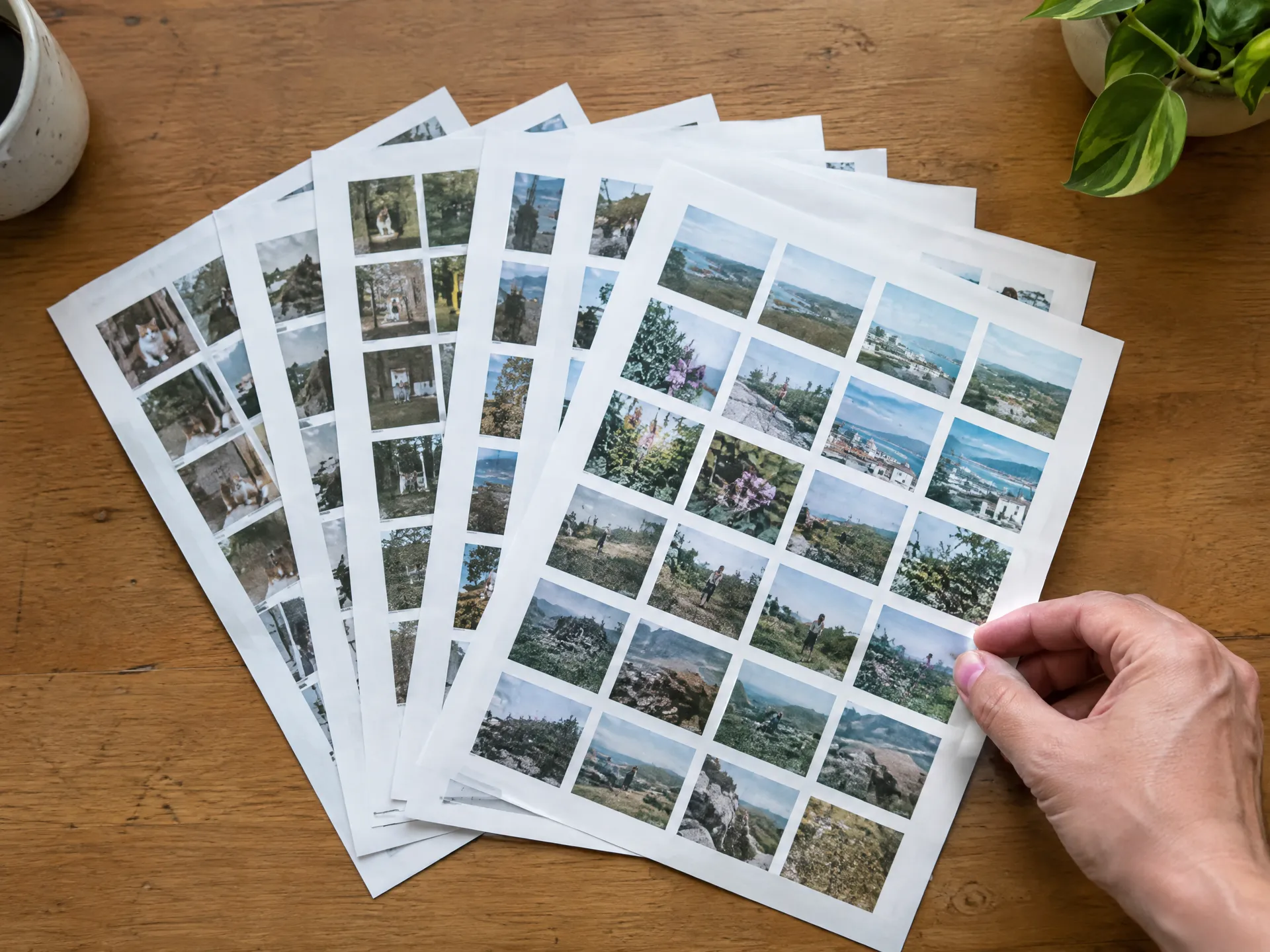 Small printed photo thumbnails fanned out, one being selected