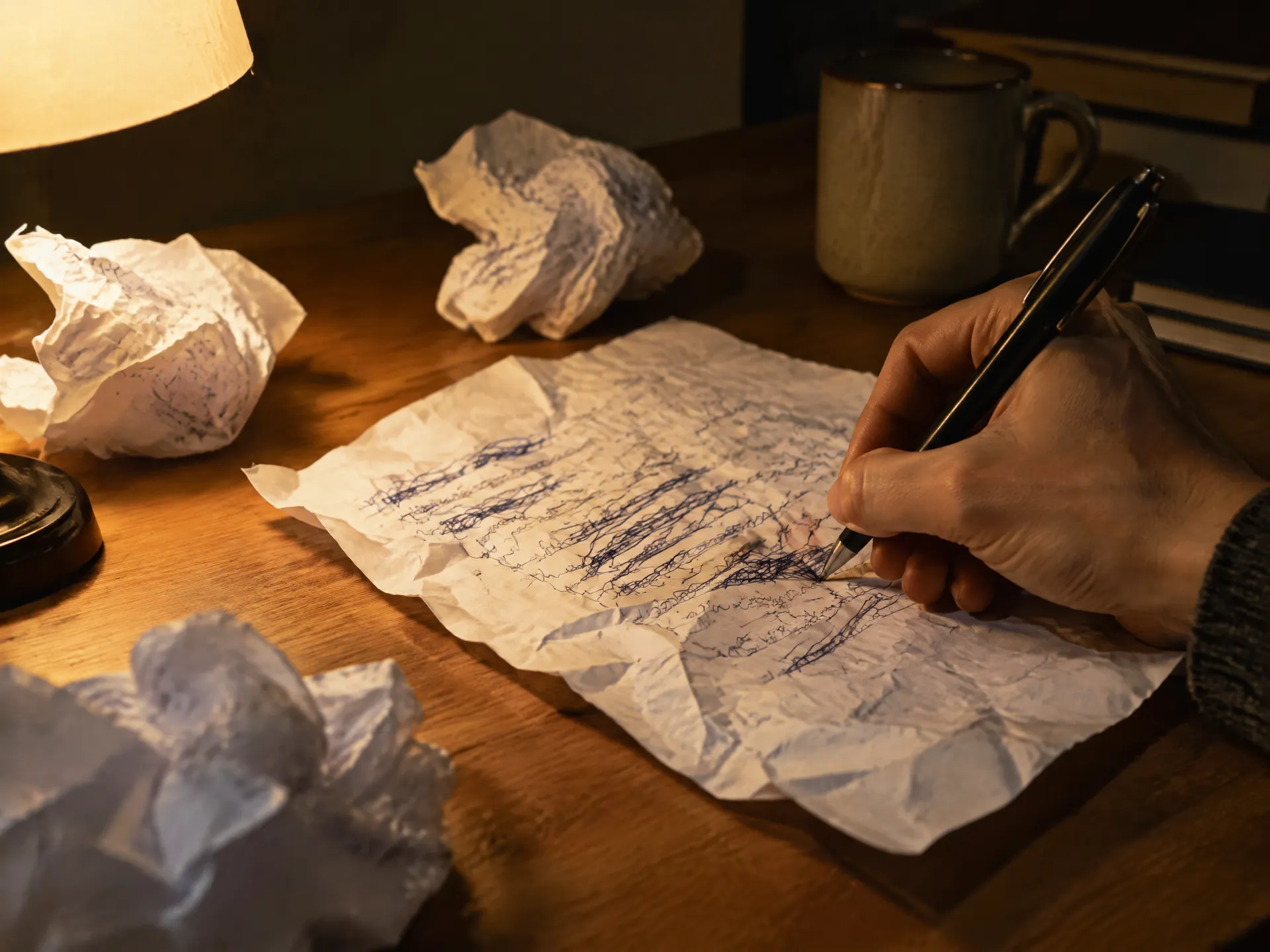 Handwritten crossed-out drafts of a prompt on paper