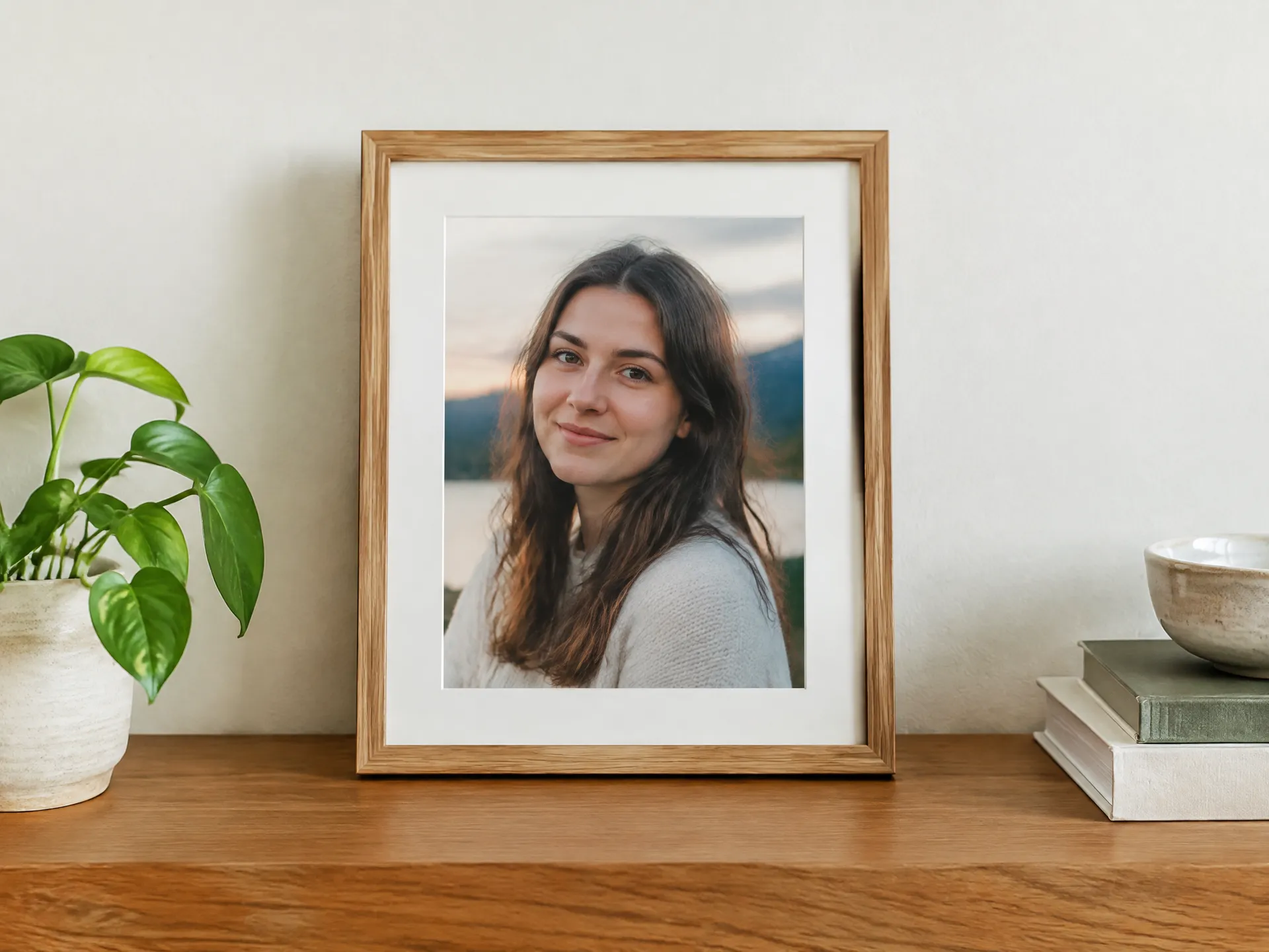 Finished framed portrait photo resting on a wooden shelf