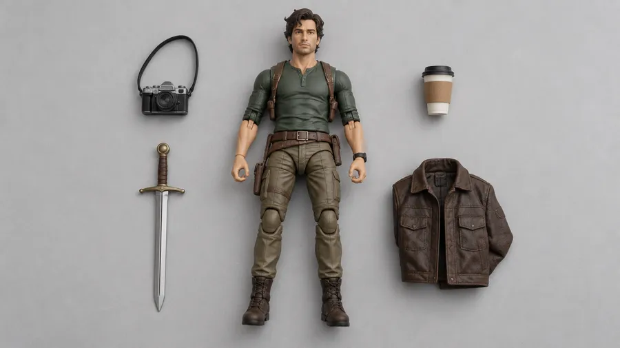 Overhead view of an action figure beside a camera, sword, coffee cup and folded jacket