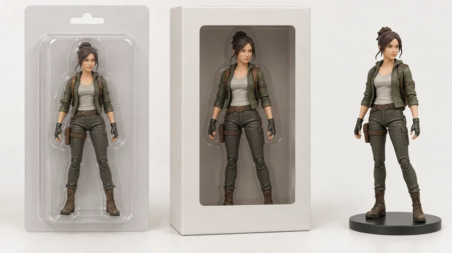 Three toy packaging formats side by side: blister pack, open collector box and display stand