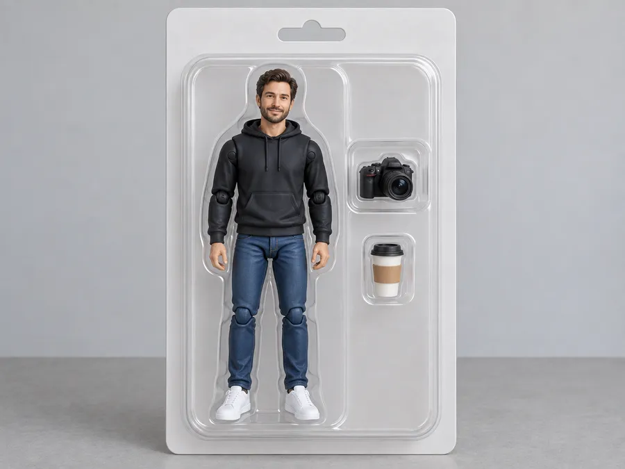 The same man as an action figure in a blister pack with camera and coffee cup accessories