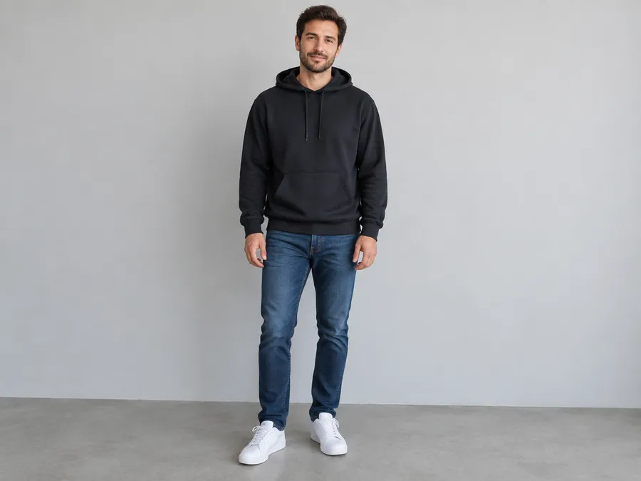 Full-body photo of a man in a black hoodie, jeans and white sneakers against a gray wall