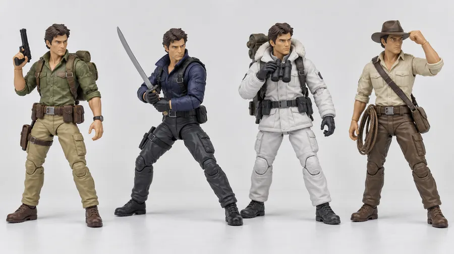 The same action figure shown in four variations with different outfits, poses and props