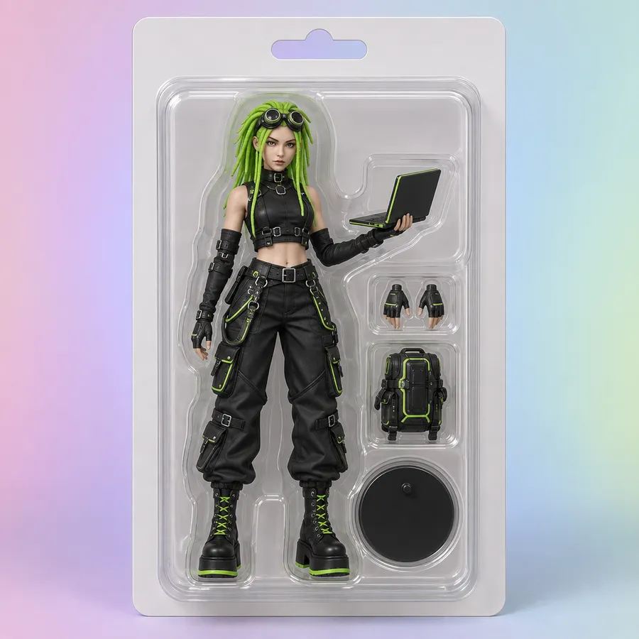 Action figure of a woman with green dreadlocks and a laptop accessory in a clear blister pack