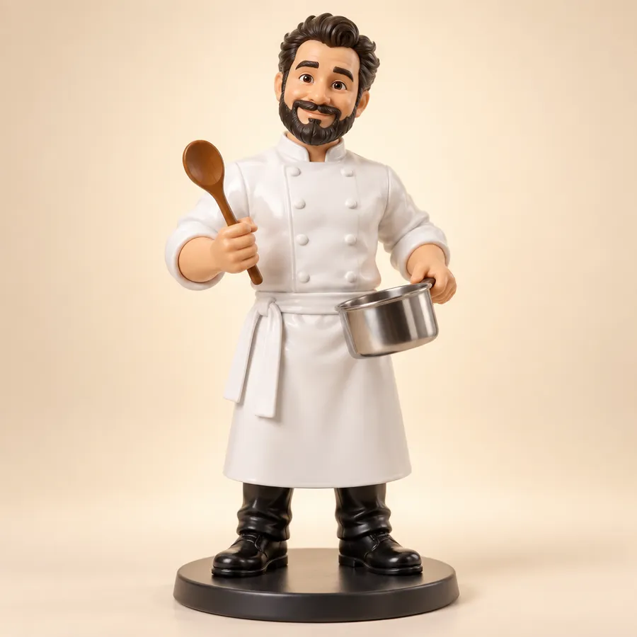 Vinyl toy figure of a chef in a white jacket holding a saucepan on a round display base