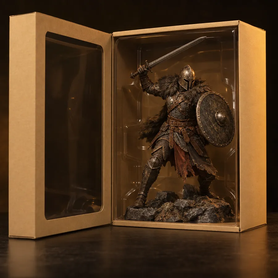 Armored warrior action figure with sword and shield inside an open collector box