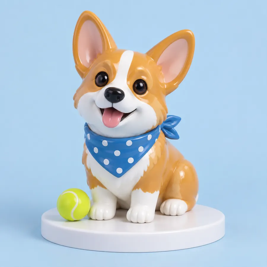 Vinyl figure of a corgi wearing a bandana seated beside a small tennis ball accessory
