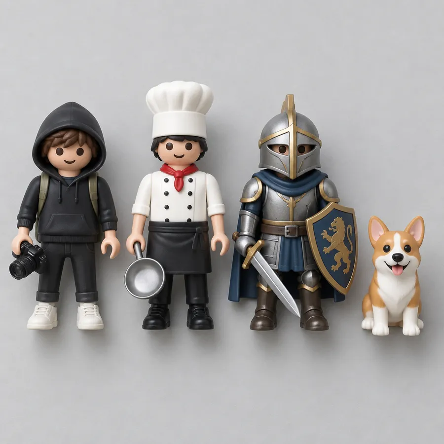 Four toy figures laid in a row on a gray surface: creator, chef, warrior and dog