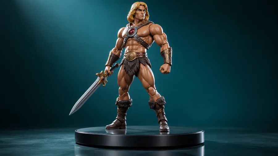 Action figure on a rotating display turntable lit against a deep teal gradient background
