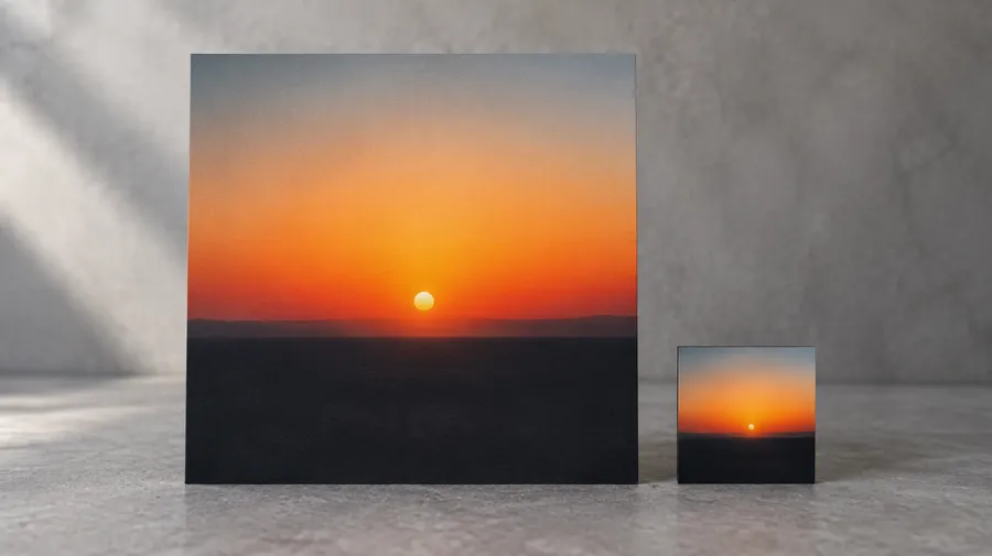 A printed square cover propped on concrete beside a much smaller print of the same artwork