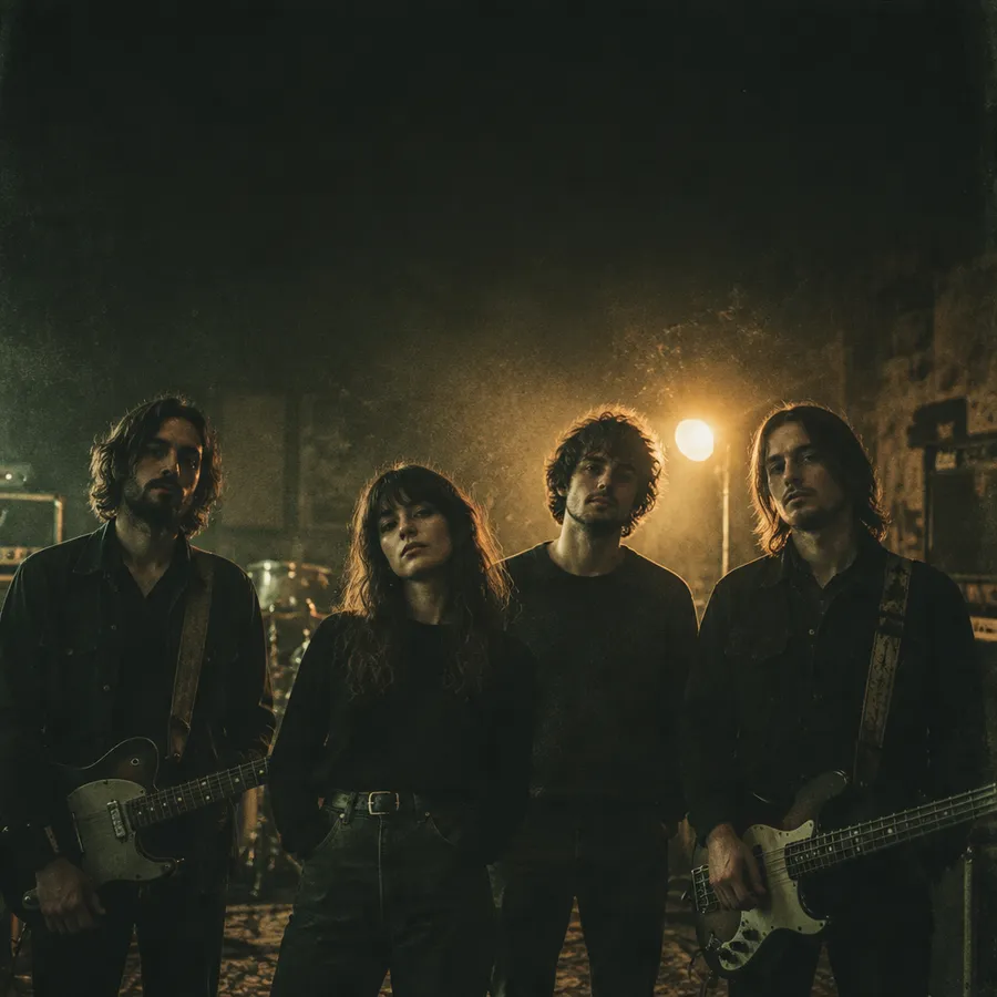 Square cover artwork of four musicians standing in a dim rehearsal room lit by one warm lamp