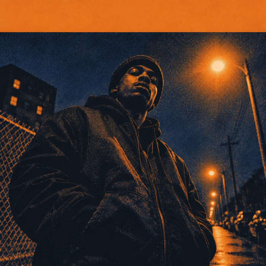 Hip-hop mixtape artwork: low-angle street portrait under streetlights in a halftone print treatment