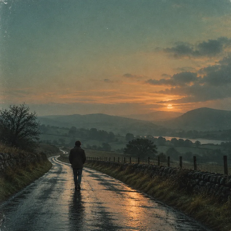 Indie rock cover artwork: small figure walking away on a rain-soaked road at dusk with hazy hills