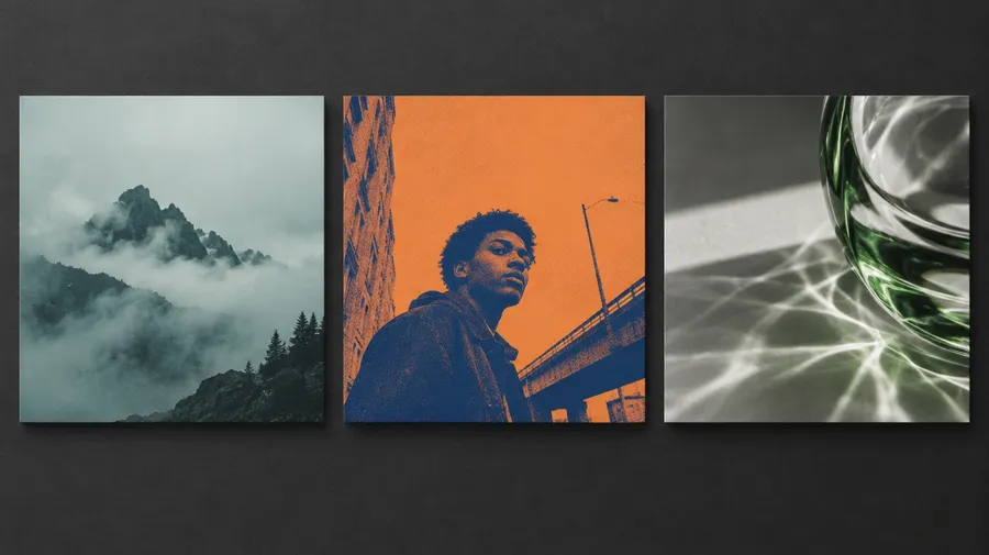 Three square cover artworks laid side by side on a dark matte surface under studio lighting