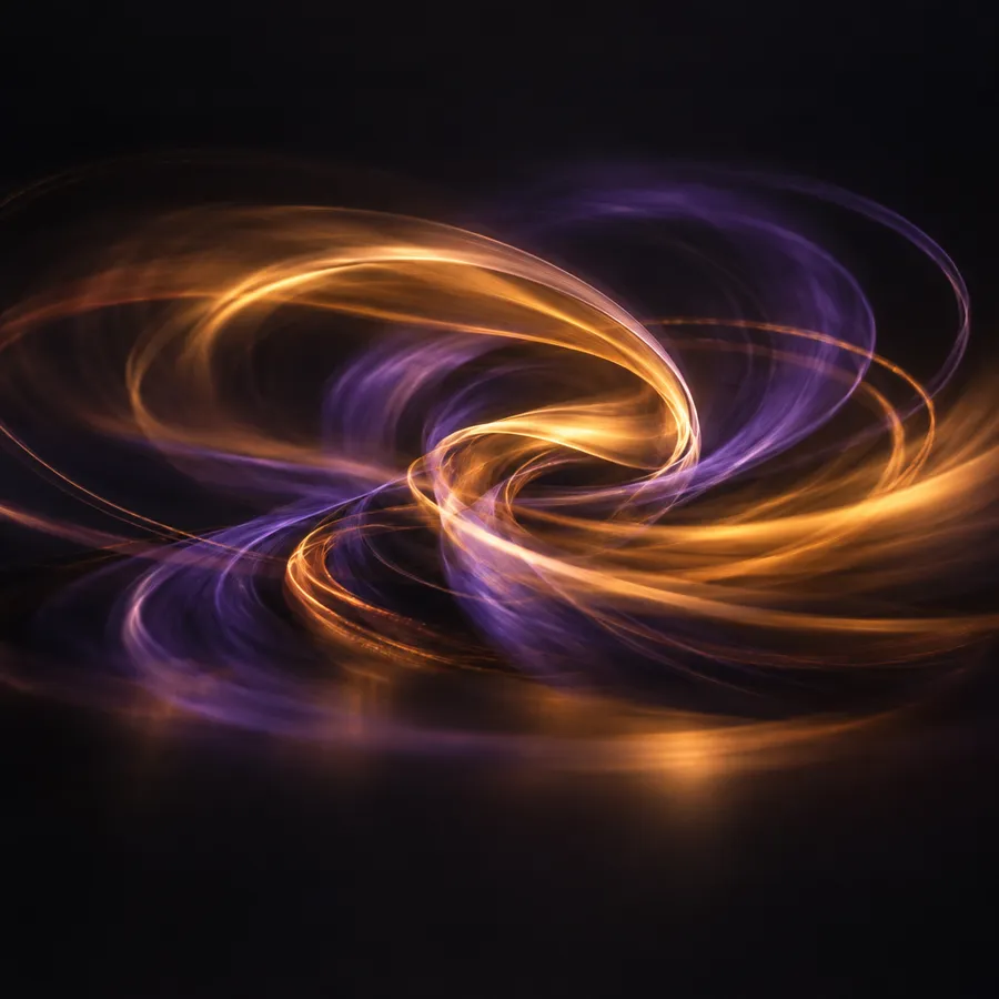 Square cover artwork of amber and violet light trails swirling through a dark studio space