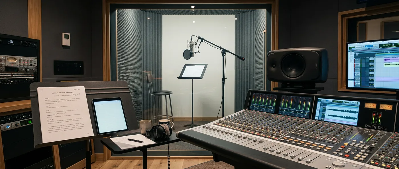 Empty professional voice-over recording studio with a vocal booth and microphone, representing the cost of hiring a studio and actor