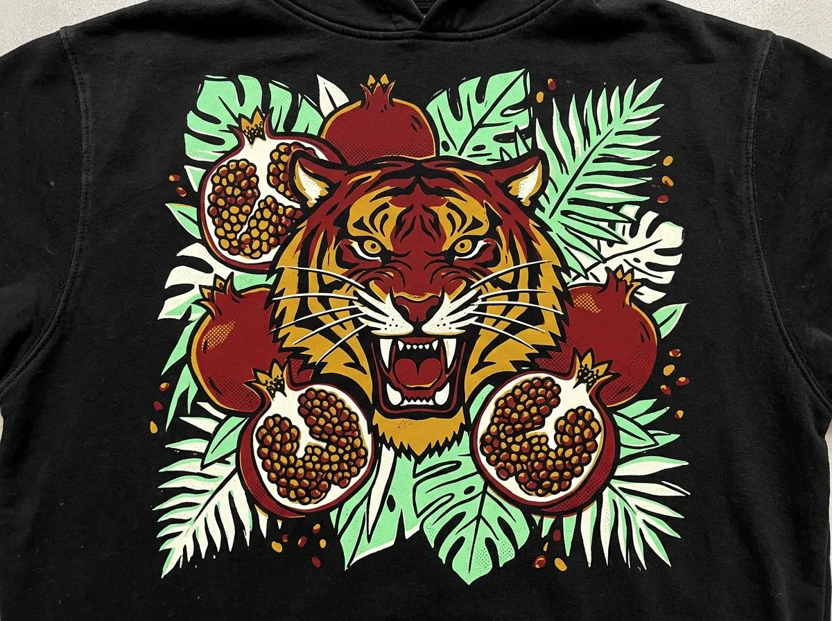 Neo-pop screen-print-style graphic of a stylized tiger with pomegranates and tropical leaves
